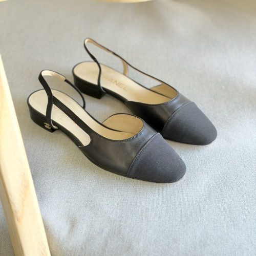 Chanel Black Leather Cap Toe CC Slingback Flat Pumps