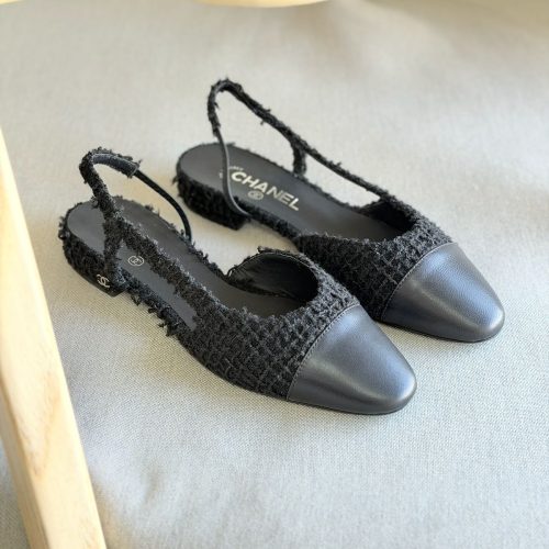Chanel Black Tweed Cap Toe CC Slingback Flat Pumps