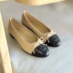Chanel Calfskin Leather Beige & Black CC Cap Toe Ballet Flats
