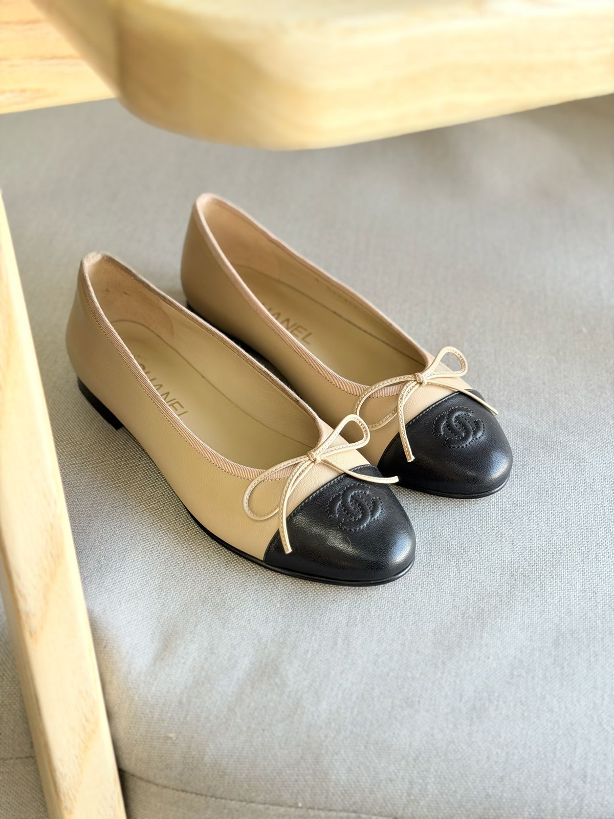 Chanel Calfskin Leather Beige & Black CC Cap Toe Ballet Flats Chanel Calfskin Leather Beige & Black CC Cap Toe Ballet Flats