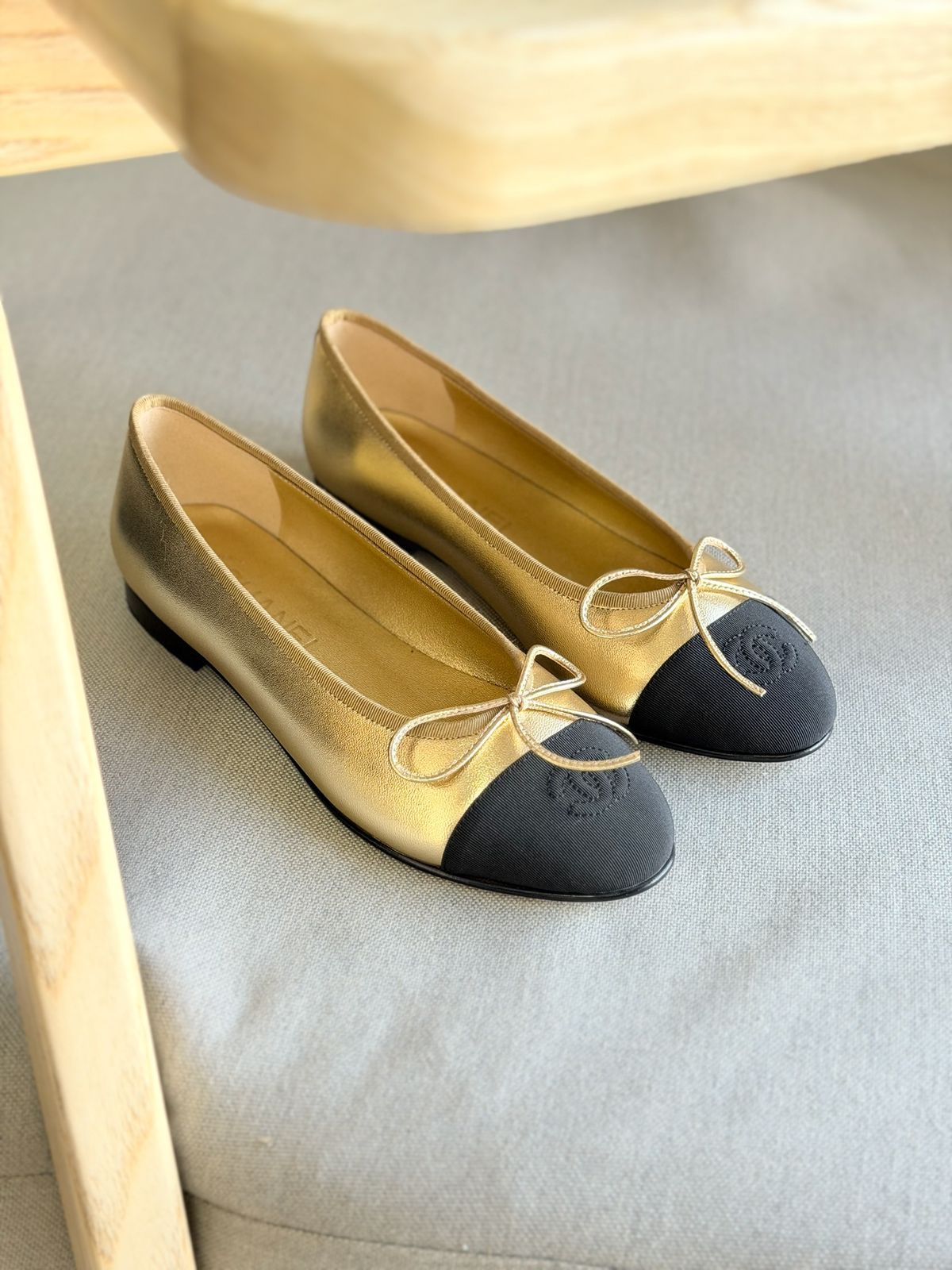 Chanel Calfskinn Golden & Black CC Cap Toe Ballet Flats Chanel Golden & Black Calfskin ballet flats