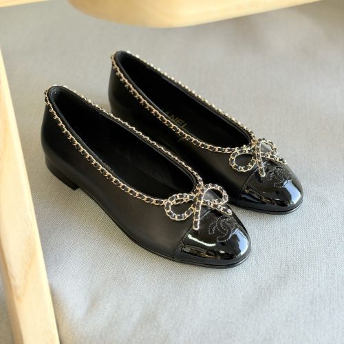 Chanel Black CC Chain Bow Cap Toe Ballet Flats