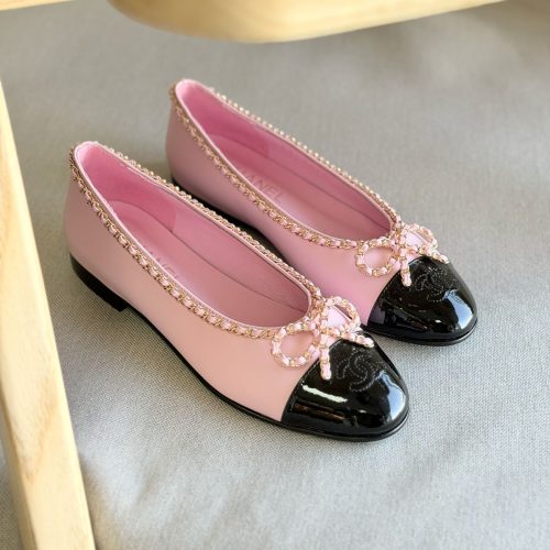 Chanel Pink & Black CC Chain Bow Cap Toe Ballet Flats