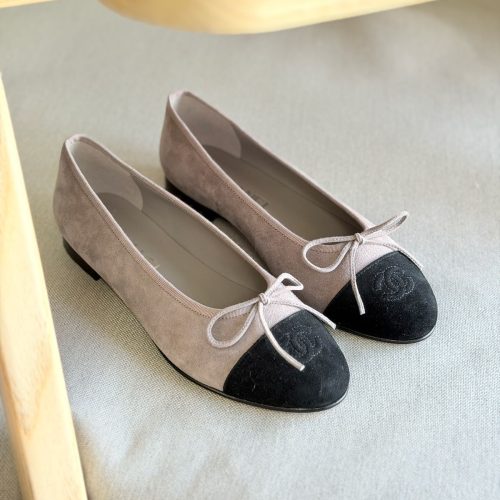 Chanel Light Grey & Black Suede Ballet Flats