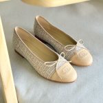 Chanel Tweed Beige CC Cap Toe Ballet Flats