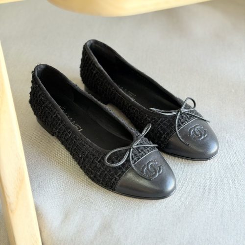 Chanel Tweed Full Black CC Cap Toe Ballet Flats
