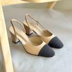 Chanel Two-Tone Beige & Black Plain Leather Slingback Mid Heel Pumps