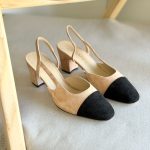 Chanel Two-Tone Beige & Black Suede Leather Slingback Mid Heel Pumps