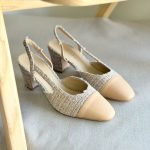 Chanel Two-Tone Beige Tweed Leather Slingback Mid Heel Pumps