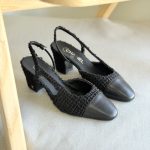 Chanel Black Tweed & Leather Slingback Mid-Heel Pumps