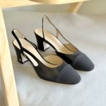 Chanel Two-Tone Full Black Leather Slingback Mid Heel Pumps