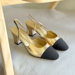 Chanel Two-Tone Golden & Black Leather Slingback Mid Heel Pumps
