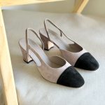 Chanel Two-Tone Light Grey & Black Suede Leather Slingback Mid Heel Pumps
