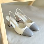 Chanel Two-Tone White & Grey Leather Slingback Mid Heel Pumps
