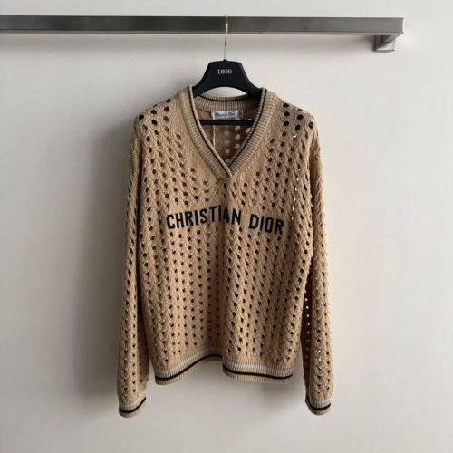 Dior V Neck Open Knit Sweater beige