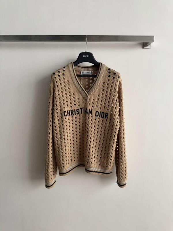 Dior V Neck Open Knit Sweater beige