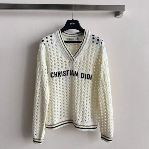 Dior V Neck Open Knit Sweater white