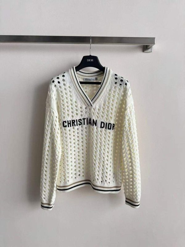 Dior V Neck Open Knit Sweater white