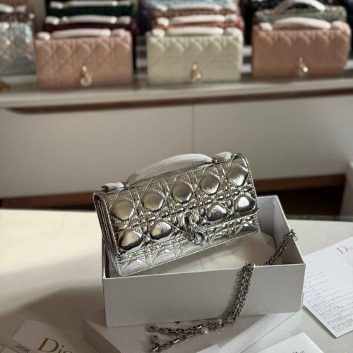 Dior My Dior Silver Metallic Cannage Lambskin Mini Bag