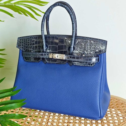 Hermes Birkin 25 Crocodile & Togo Leather Handbag in Bleu Marine