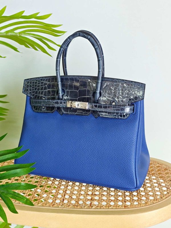 Hermes Birkin 25 Crocodile & Togo Leather Handbag in Bleu Marine