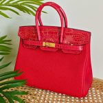 Hermes Birkin 25 Crocodile & Togo Leather Handbag in Braise Lipstick Red