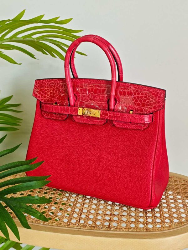 Hermes Birkin 25 Crocodile & Togo Leather Handbag in Braise Lipstick Red
