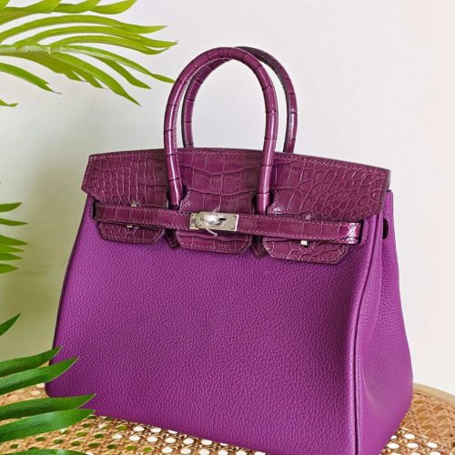 Hermes Birkin 25 Crocodile & Togo Leather Handbag in Purple