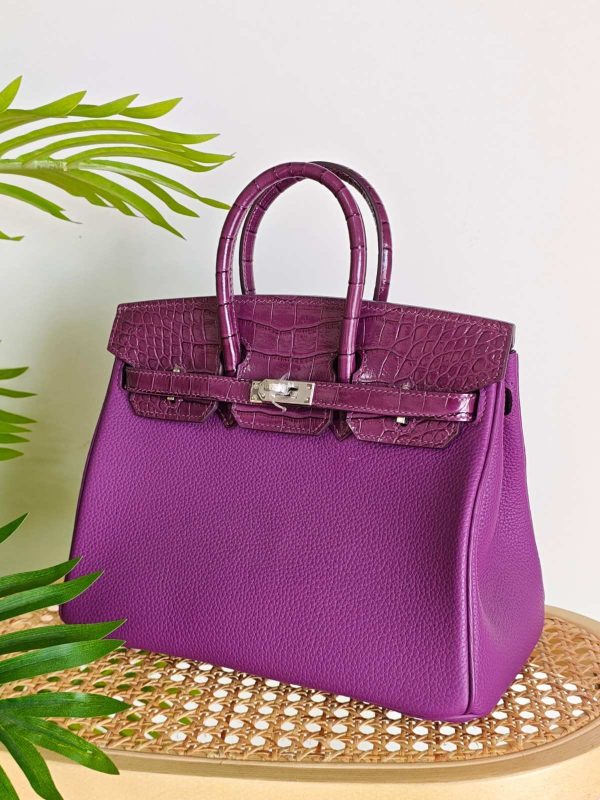 Hermes Birkin 25 Crocodile & Togo Leather Handbag in Purple