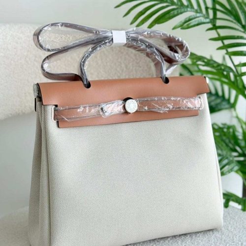 Hermes Herbag 31 Black Leather And Ecru Toile Canvas Handbag
