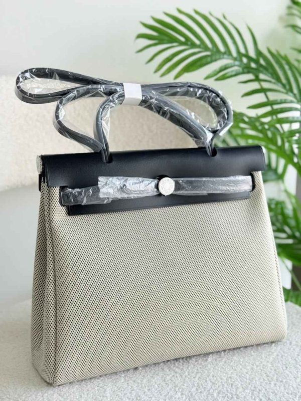 Hermes Herbag 31 Black Leather And Ecru Toile Canvas Handbag