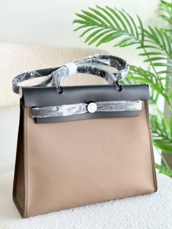 Hermes Herbag 31 Black Leather And Etoupe Canvas Handbag