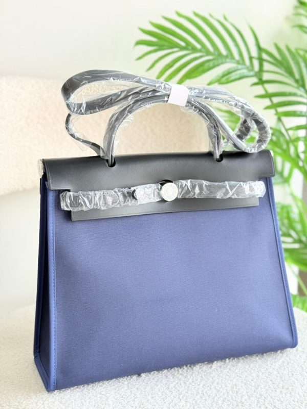 Hermes Herbag 31 Black Leather And Royal Blue Canvas Handbag