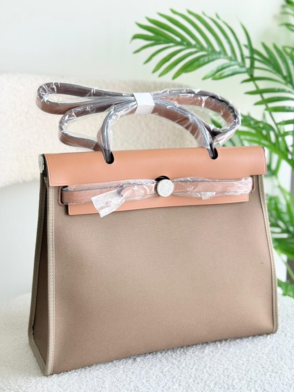 Hermes Herbag 31 Brown Leather And Etoupe Canvas Handbag Hermes Herbag 31 Brown Leather And Etoupe Canvas Handbag - Image 1
