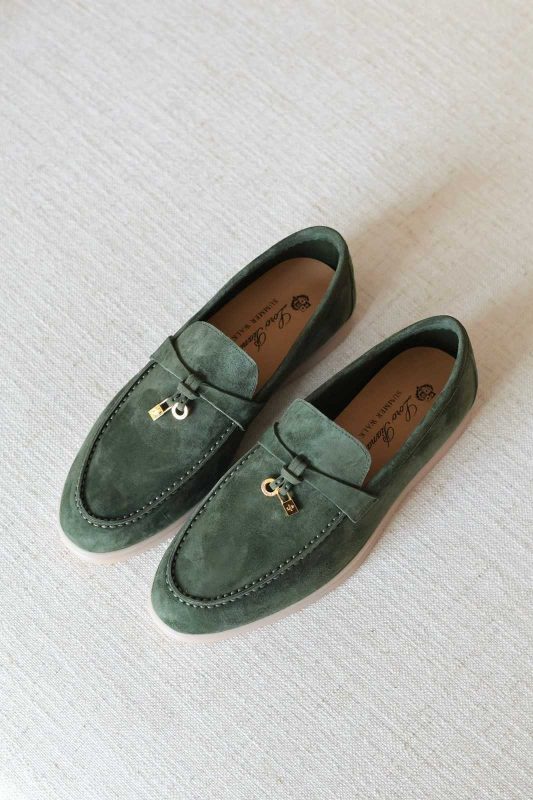 Loro Piana Summer Charms Walk Loafers Muted Forest Green Suede