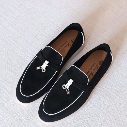 Loro Piana Summer Charms Walk Suede Loafers Black With White Trim