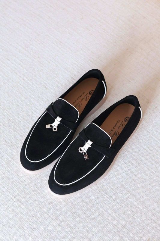 Loro Piana Summer Charms Walk Suede Loafers Black With White Trim