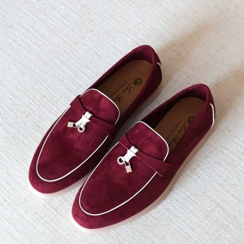 Loro Piana Summer Charms Walk Suede Loafers Burgundy With White Trim