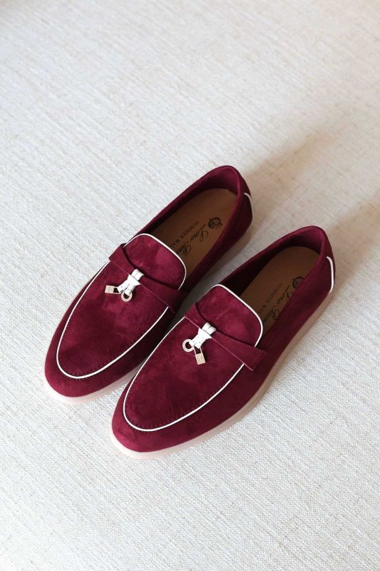 Loro Piana Summer Charms Walk Suede Loafers Burgundy With White Trim