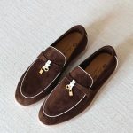 Loro Piana Summer Charms Walk Suede Loafers Chocolate With White Trim