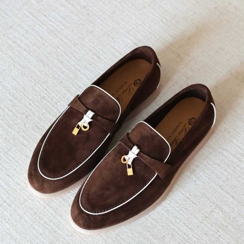 Loro Piana Summer Charms Walk Suede Loafers Chocolate With White Trim