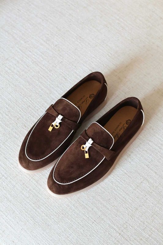 Loro Piana Summer Charms Walk Suede Loafers Chocolate With White Trim