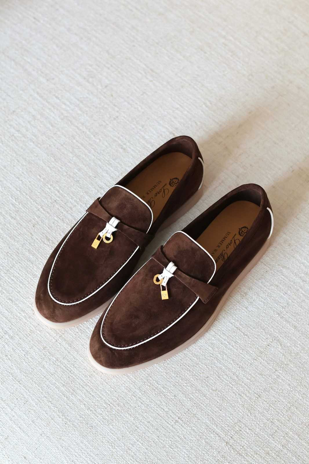 Loro Piana Summer Charms Walk Suede Loafers Chocolate With White Trim Loro Piana Summer Charms Walk Suede Loafers Chocolate With White Trim