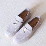 Loro Piana Summer Charms Walk Suede Loafers Light Grey With White Trim