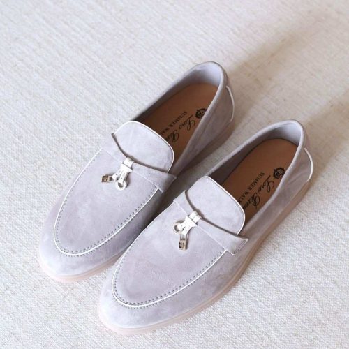 Loro Piana Summer Charms Walk Suede Loafers Light Grey With White Trim