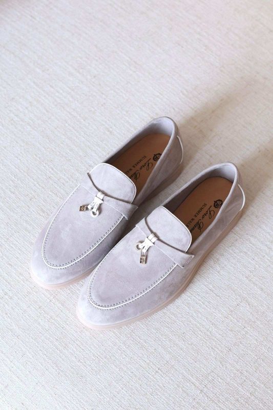 Loro Piana Summer Charms Walk Suede Loafers Light Grey With White Trim
