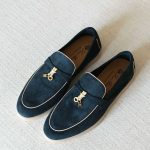 Loro Piana Summer Charms Walk Suede Loafers Navy Blue With White Trim