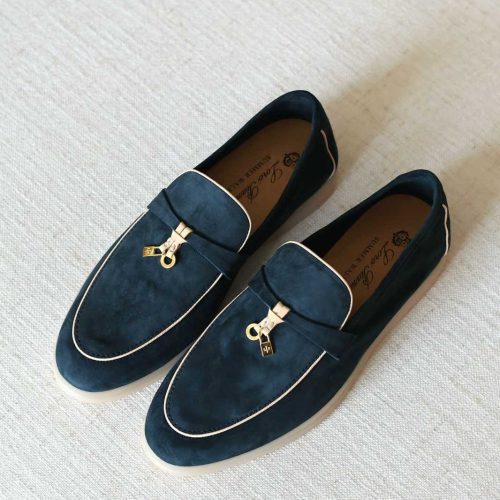 Loro Piana Summer Charms Walk Suede Loafers Navy Blue With White Trim
