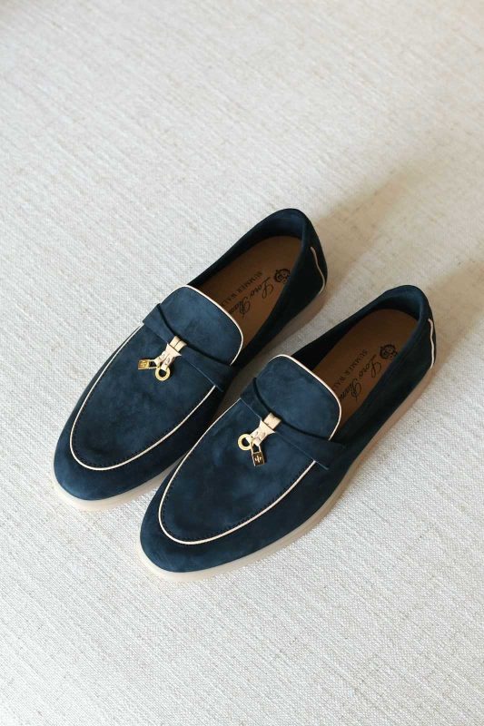 Loro Piana Summer Charms Walk Suede Loafers Navy Blue With White Trim
