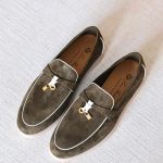 Loro Piana Summer Charms Walk Suede Loafers Olive With White Trim